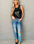 Black Faux Leather Crew Neck Tank Top: Black / 100%PU