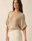 Short-Sleeve Pointelle Ribbed Knit Sweater: Oatmeal