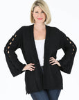 OPEN BRAID SLEEVE DETAIL COZY CARDIGAN SWEATER: BLACK