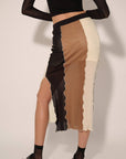 Colorblock Mesh Exposed-Seam Midi Skirt: BLACK-TAUPE-CREAM