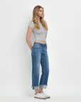 MID RISE RAW CUFFED HEM SLIM WIDE JEANS F5861: FOUR SEASON