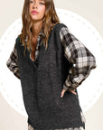 MCS3589-Oversized Soft Knit Sweater Vest with Side Slit: Black Sesame
