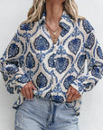 Blue Tribal Pattern Buttoned Front Loose Shirt: Blue / 100%Polyester