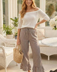 Gingham Casual Ruffled Hem 100%Cotton Cropped Pants VP83379A: Brown