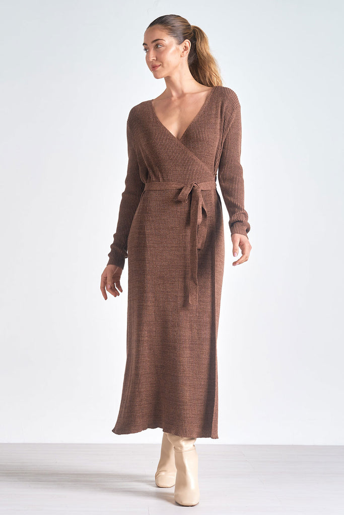 elan dresses ELAN BROWN SWEATER WRAP DRESS – No Roots Boutique