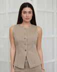 SLEEVELESS ROUND NECK DENIM VEST/MOCHA