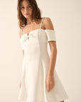 Scuba Knit Cold-Shoulder Fit-and-Flare Mini Dress: CREAM