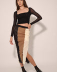 Colorblock Mesh Exposed-Seam Midi Skirt: BLACK-TAUPE-CREAM