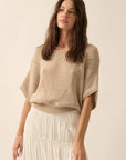 Short-Sleeve Pointelle Ribbed Knit Sweater: Oatmeal
