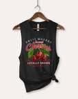 Sweet Cherries Fruit Graphic Women's Jersey Tank Top: BLACK / L