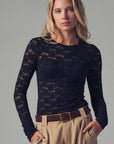 Vintage Floral Lace Long Sleeve Layering Top: Black / S:2/M:2/L:2