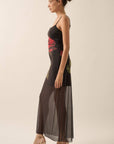 Rose-Print Layered Mesh Maxi Slip Dress: BLACK