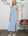 SHORT SLEEVE SIDE SLIT DETAIL KNIT T-SHIRT MIDI DRESS: DARK DENIM