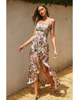 Morning Meadow Open Back Ruffled Maxi Dress: ECRU/PINK / S-M-L(3-2-1)