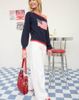 CONTRAST TRIM AMERICAN FLAG KNIT PULLOVER SWEATER : NAVY