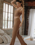 Textured Ribbed Knit Flare Sweater Pants: Taupe
