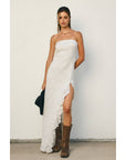 Seafoam Whisper Strapless Ruffled Maxi Dress: IVORY