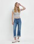 MID RISE RAW CUFFED HEM SLIM WIDE JEANS F5861: FOUR SEASON