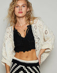 V-neck crochet woven roomy fit cardigan top: NATURAL