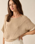 Short-Sleeve Pointelle Ribbed Knit Sweater: Oatmeal