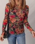 Floral Print Lettuce Trim Long Sleeve Mesh Top