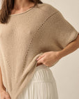 Short-Sleeve Pointelle Ribbed Knit Sweater: Oatmeal