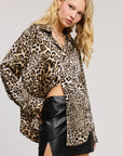 COLLARED LEOPARD SATIN BUTTON-DOWN LONG SLEEVE BLOUSE