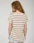 STRIPE V NECK CUFFED SHORT SLEEVE KNIT TOP: LIGHT KHAKI