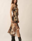 Floral Chiffon Strapless Ruffled Maxi Dress: BLACK