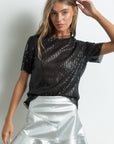 IT1545 Sequin mesh short sleeve top: Black
