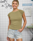 RAGLAN EXPOSED SEAM SHORT SLEEVE KNIT TOP: LIGHT OLIVE