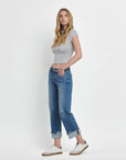 MID RISE RAW CUFFED HEM SLIM WIDE JEANS F5861: FOUR SEASON
