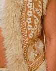 91718V Embroidered Suede Vest With Fur Trim: BEIGE