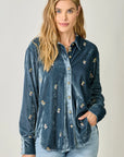 BLUE VELVET BLOUSE W/FLORAL DETAIL