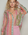 Long sleeve printed woven regular fit top: GREEN PINK MULTI