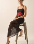 Rose-Print Layered Mesh Maxi Slip Dress: BLACK