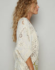 V-neck crochet woven roomy fit cardigan top: NATURAL