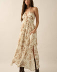 Floral-Print Crepe Tie-Back Halter Maxi Dress: TAUPE