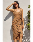 Polka Dot Tulip Hem Midi Wrap Dress: MOCHA BLACK