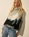 Mountains Fuzzy Jacquard-Knit Turtleneck Sweater: Heather Grey-Black