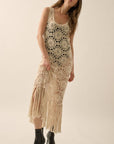 Crochet Knit Fringe-Hem Midi Tank Dress: NATURAL