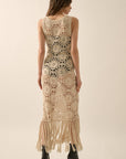 Crochet Knit Fringe-Hem Midi Tank Dress: NATURAL