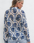 Blue Tribal Pattern Buttoned Front Loose Shirt: Blue / 100%Polyester