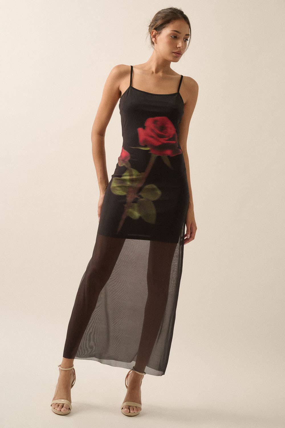 Rose-Print Layered Mesh Maxi Slip Dress: BLACK  No Roots Boutique