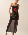 Rose-Print Layered Mesh Maxi Slip Dress: BLACK
