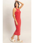 Acid Washed Ribbed Midi Tank Dress: RED / S-M-L(2-2-2)