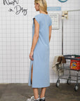 SHORT SLEEVE SIDE SLIT DETAIL KNIT T-SHIRT MIDI DRESS: DARK DENIM