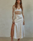 L6687 | Knit Jacquard Lace Long Sleeve Mock Neck Top: Ivory