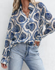 Blue Tribal Pattern Buttoned Front Loose Shirt: Blue / 100%Polyester