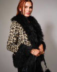 37178J Leopard Print Faux Fur Trim Coat: LEOPARD